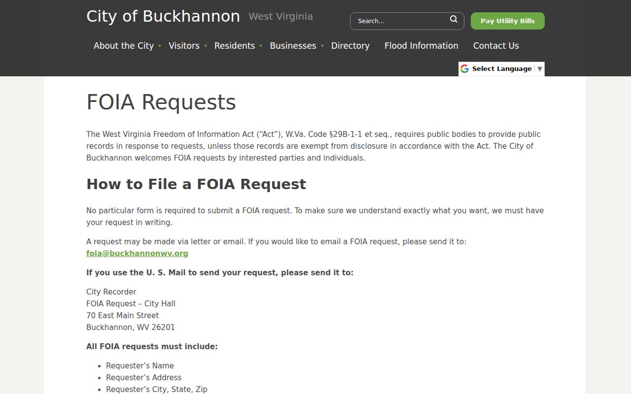 Buckhannon criminal record FOIA request instructions