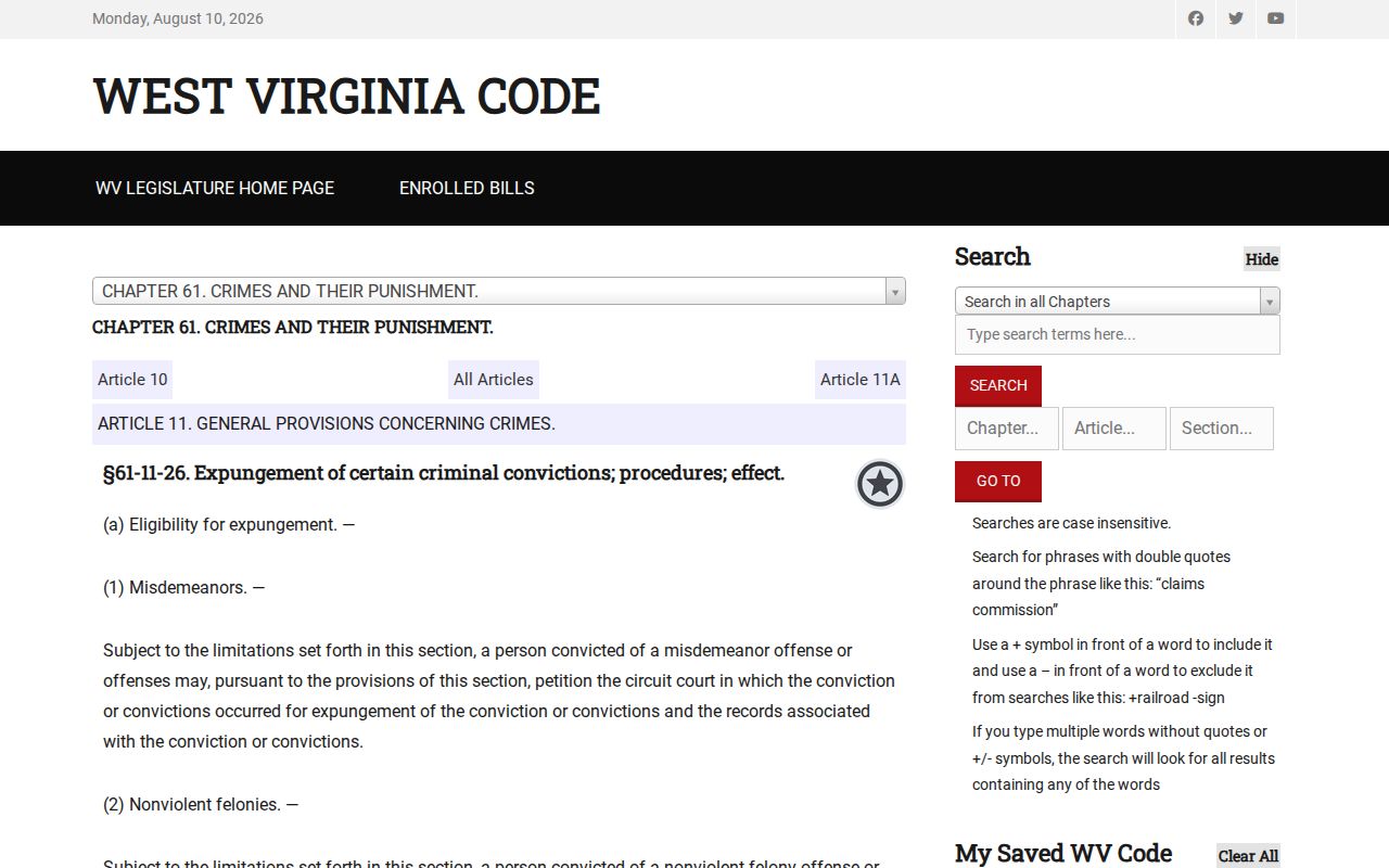 Upshur County criminal history West Virginia expungement law